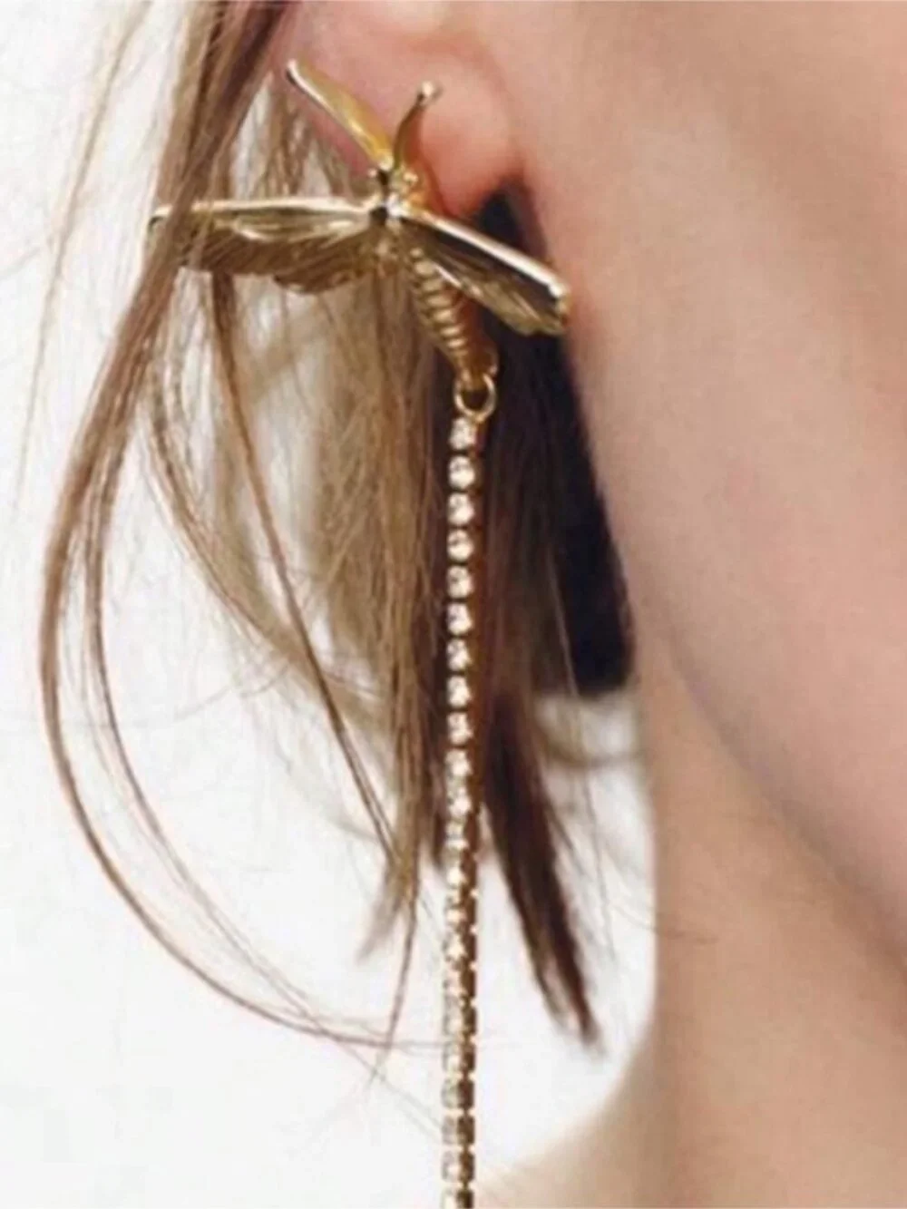 New! Gold Dragonfly Rhinestone Tassel Earrings (3030) NWOT